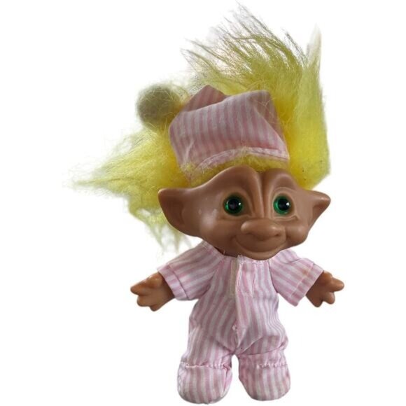 Ace Novelty Troll Pink Stiped Good Night Pajamas Troll Yellow Hair Doll 5" - Picture 1 of 5